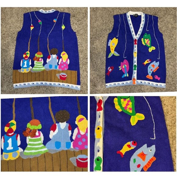 Berek Jackets & Blazers - VTG 90s BEREK Knit Sweater Vest Fishermen Fish 3D Novelty Teacher Super Cute M